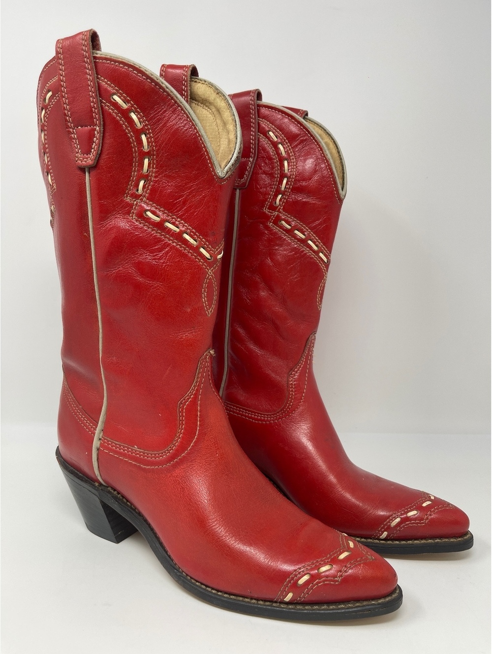 Vintage Wrangler Womens Red Leather Cowboy Boots White Stitching Lace